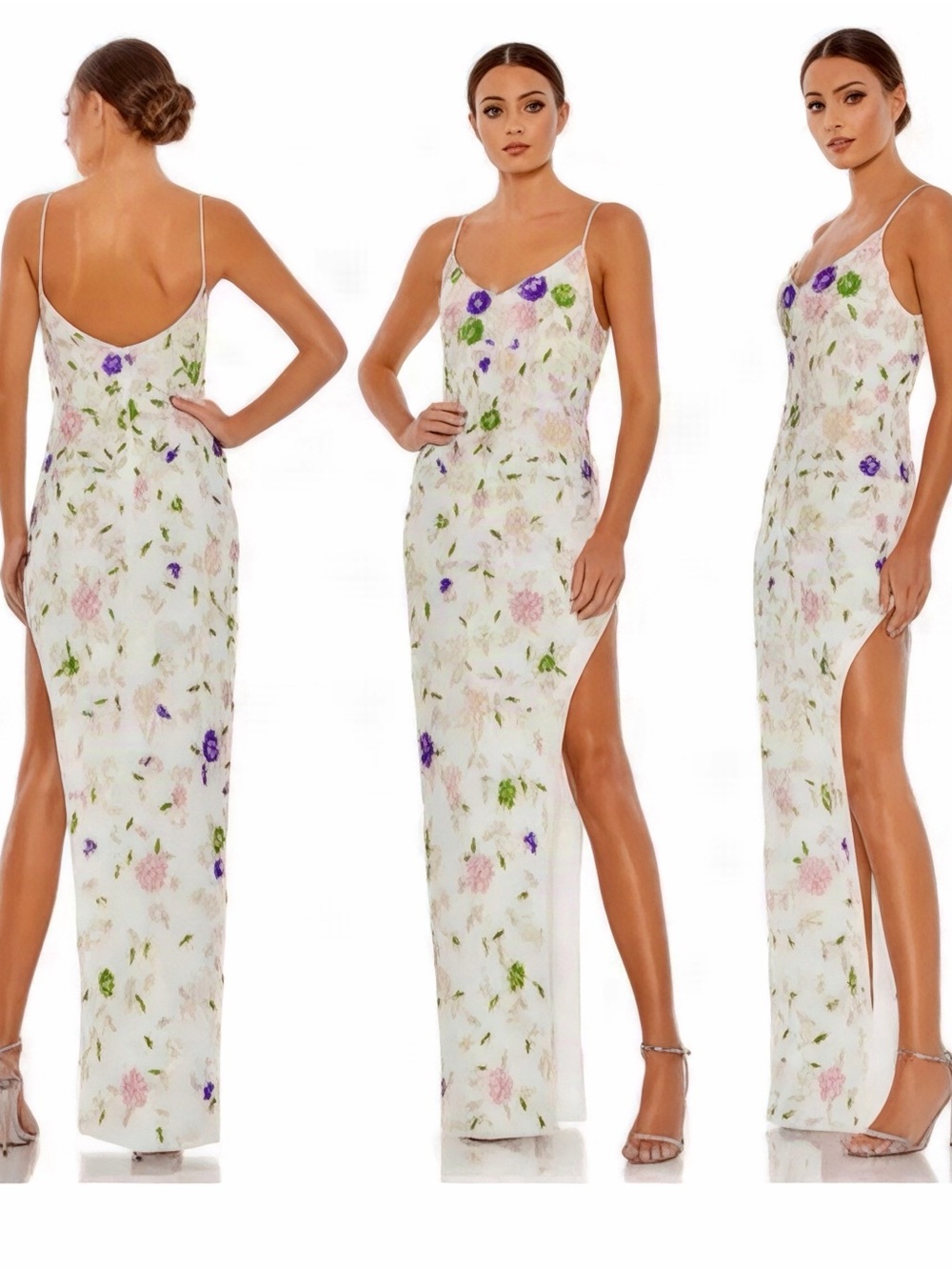 Mac Duggal Embellished Lace Sleeveless Sequin Floral Gown White - Picture 4 of 6